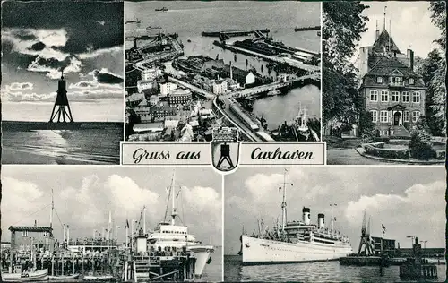 Ansichtskarte Cuxhaven Mehrbild-AK mit Hafen Schiffe Luftaufnahme uvm. 1957