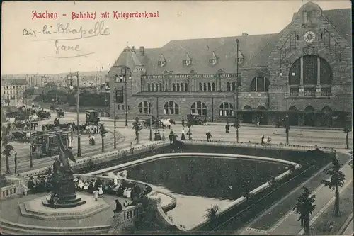 Aachen Tram Straßenbahn Verkehr am Bahnhof, Krieger-Denkmal 1910