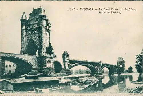 Worms Rheinbrücke Brücke Le Pont route sur le Rhin (frz. Karte) 1910