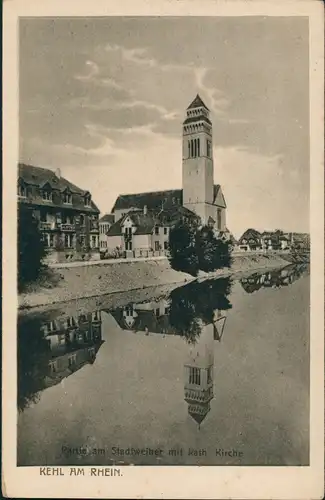 Ansichtskarte Kehl (Rhein) Stadt Weiher mit Spiegelbild der kath. Kirche 1923