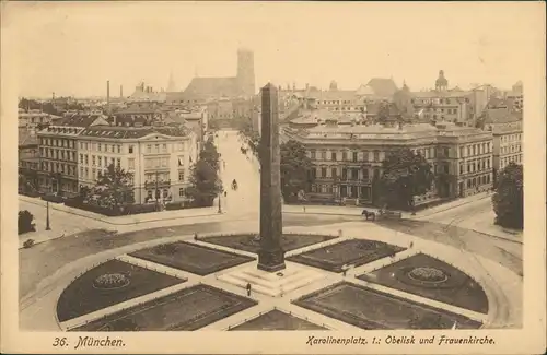 Ansichtskarte München Karolinenplatz, Obelisk Fernansicht Frauenkirche 1917