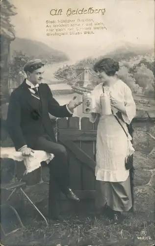 Heidelberg Fotokunst Fotomontage Alt-Heidelberg Paar mit Bierkrügen 1916