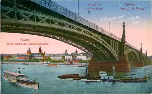 Mainz Rhein Schiffe passieren Brücke (französische Karte) 1910