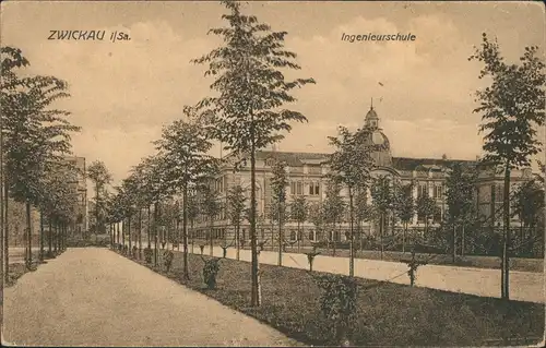 Ansichtskarte Zwickau Straße Allee an der Schule Ingenieurschule 1910