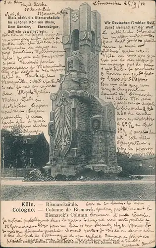 Ansichtskarte Köln Häuser und Bismarksäule 1904