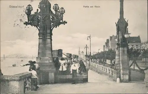 Ansichtskarte Düsseldorf Rheinpartie Rheinterrasse belebt 1912