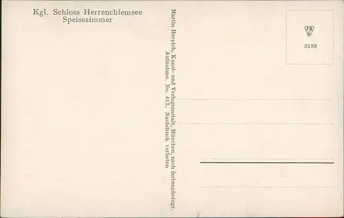 Ansichtskarte Chiemsee Speisezimmer im Königlichen Schloß 1910