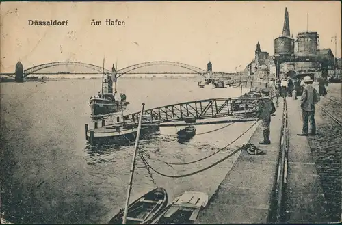 Düsseldorf Hafen Rhein Schiff Anlegestelle Fernblick auf Brücke 1920