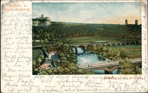 Litho AK Saaleck-Bad Kösen Rudelsburg Saalecksburg Eisenbahn-Brücke 1904