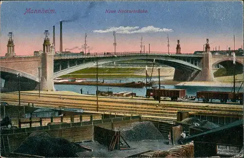 Ansichtskarte Mannheim Neue Neckarbrücke Schiff Bahnwaggons 1919