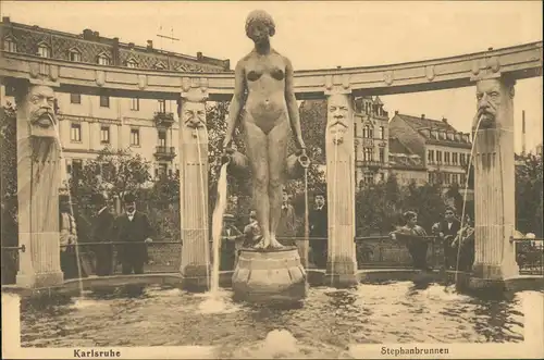 Ansichtskarte Karlsruhe Häuserzeile Stephansbrunnen 1914