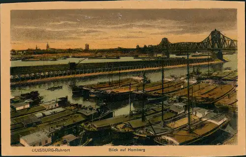 Ruhrort-Duisburg Ruhrorterhafen Blick auf Homberg und Rhein-Brücke 1910