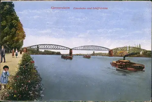 Ansichtskarte Germersheim Eisenbahn- und Schiffsbrücke Rhein Schiffe 1920