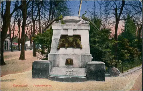 Ansichtskarte Darmstadt Passet-Brunnen, Denkmal mit Tierköpfen 1910