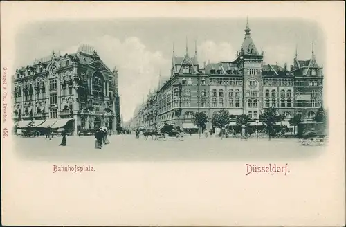 Ansichtskarte Düsseldorf Bahnhofsplatz Bahnhof Vorplatz belebt 1900