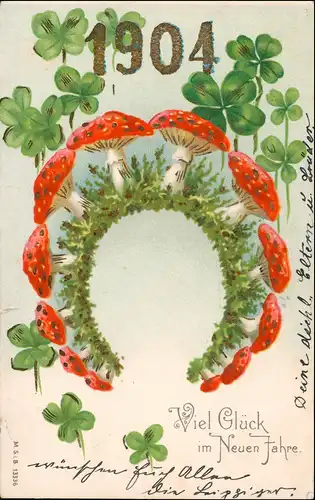 Ansichtskarte  Neujahr - Jugendstil Kleeblätter Fliegenpilze 1904 Prägekarte