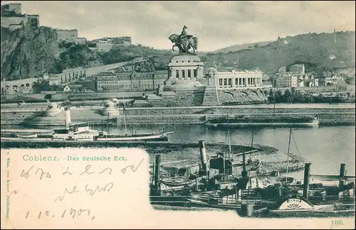 Ansichtskarte Koblenz Schaufelrad und Rheindampfer vor dem Deutschen Eck 1901