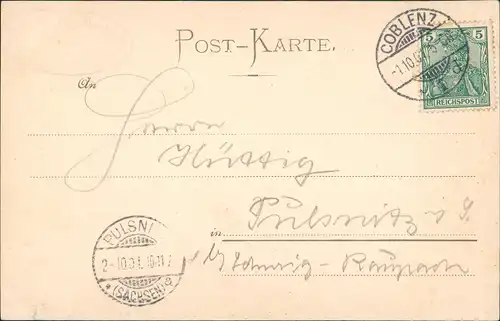 Ansichtskarte Koblenz Schaufelrad und Rheindampfer vor dem Deutschen Eck 1901