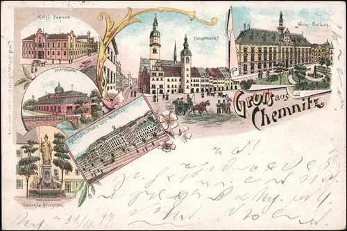 Ansichtskarte Litho AK Chemnitz Postamt, Hauptmarkt, Lehranstalten 1897