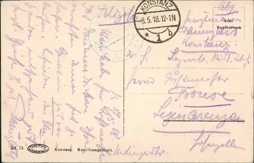 Ansichtskarte Konstanz Konzilgebäude Autos Uhr 1918