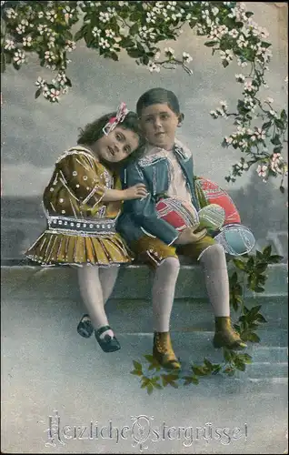 Ansichtskarte  Ostern Junge Mädchen Ostereier - Goldrand 1918 Silberrand