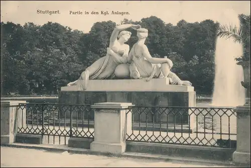 Ansichtskarte Stuttgart Partie in den Kgl. Anlagen Statue 1911