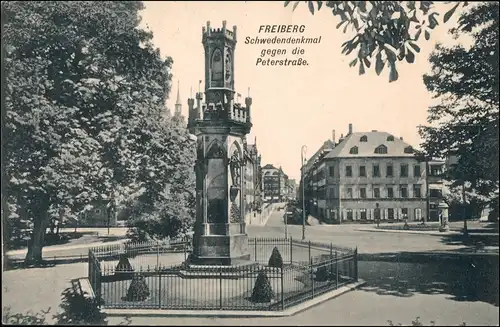 Ansichtskarte Freiberg (Sachsen) Petersstraße, Schwedendenkmal 1918