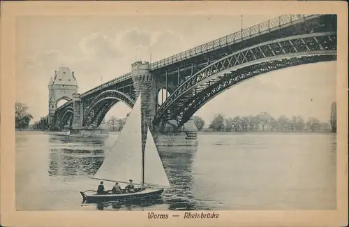 Ansichtskarte Worms Rheinbrücke Segelboot 1918