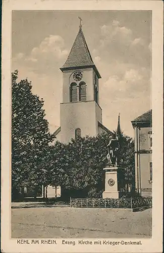 Ansichtskarte Kehl (Rhein) Ev. Kirche Kriegerdenkmal 1923