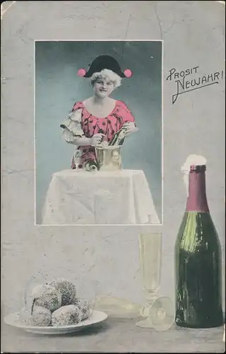 Ansichtskarte  Neujahr/Sylvester Sekt Pfannkuchen Frau 1912
