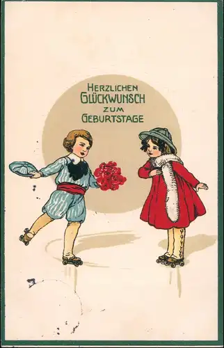 Ansichtskarte  Geburtstag: Junge und Mädchen Künstlerkarte 1911 Prägekarte