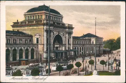 Ansichtskarte Mannheim Bahnhof - Eingang, Straßenbahn 1914