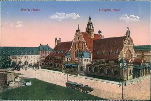 Ansichtskarte Essen (Ruhr) Hauptbahnhof - Autos 1915