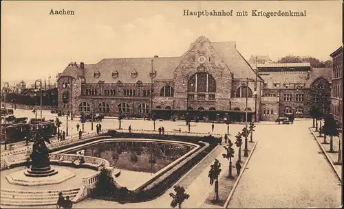 Ansichtskarte Aachen Hauptbahnhof, Straßenbahn Kriegerdenkmal 1918