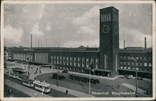 Ansichtskarte Düsseldorf Hauptbahnhof, Auto - Straßenbahn 1938