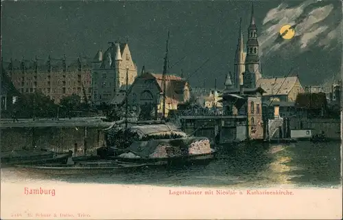 Hamburg Lagerhäuser Segelboot Katharinenstraße bei Mondschein 1906