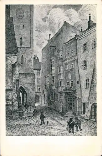 Wasserburg am Inn Künstlerkarte Straßenpartie Frauenkirchturm 1925