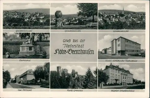 Ansichtskarte Höhr-Grenzhausen MB: Stadt, Fachschule, Ehrenmal etc. 1954