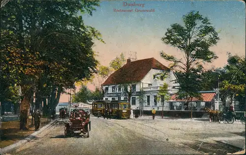 Ansichtskarte Duisburg Restaurant Grunewald Straßenbahn Auto 1922