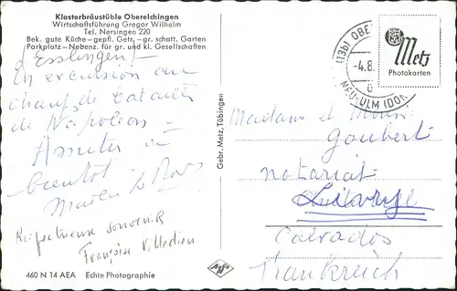 Ansichtskarte Nersingen Klosterbräustüble 1963