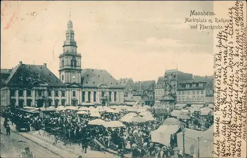 Ansichtskarte Mannheim Marktplatz - Markttreiben gel. Bahnpost 1902