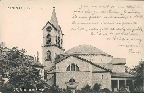Ansichtskarte Karlsruhe Katholische Kirche gel. Bahnpost 1908