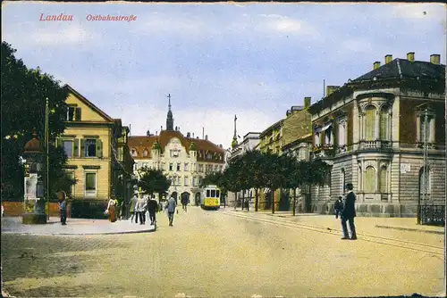 Ansichtskarte Landau in der Pfalz Ostbahnstraße. Littfasssäule 1921