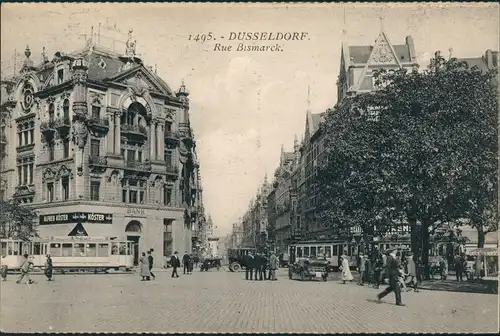 Ansichtskarte Düsseldorf Bismarckstrasse, Straßenbahn Bank 1923