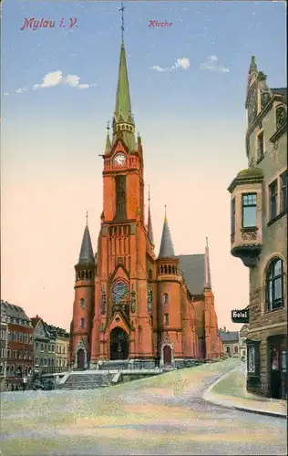 Ansichtskarte Mylau Kirche Strassen Partie mit Hotel 1910