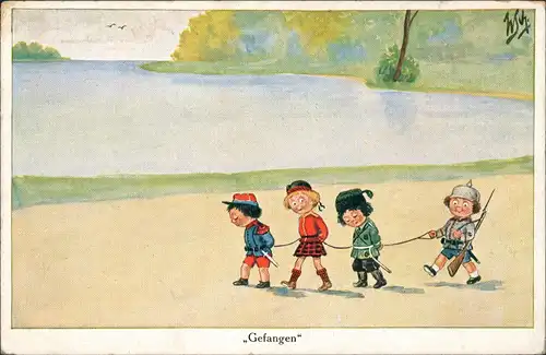 Kinder Künstlerkarte "Gefangen" Kinder-Soldat beim Spielen 1915