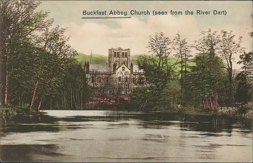 Postcard Buckfastleigh Abbey Church from River (Fluss) Dart 1910