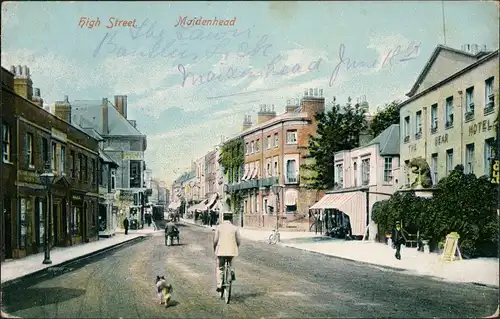 Postcard Maidenhead High Street, Hund Dog, Fahrrad-Fahrer, Häuser 1910