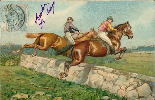 Künstlerkarte Pferde Sport Springen über Hindernis 1910 Prägekarte