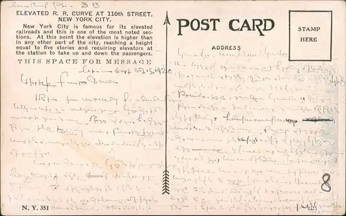 New York City Elevated Railway at 110th Street, Hochbahn Eisenbahn 1920